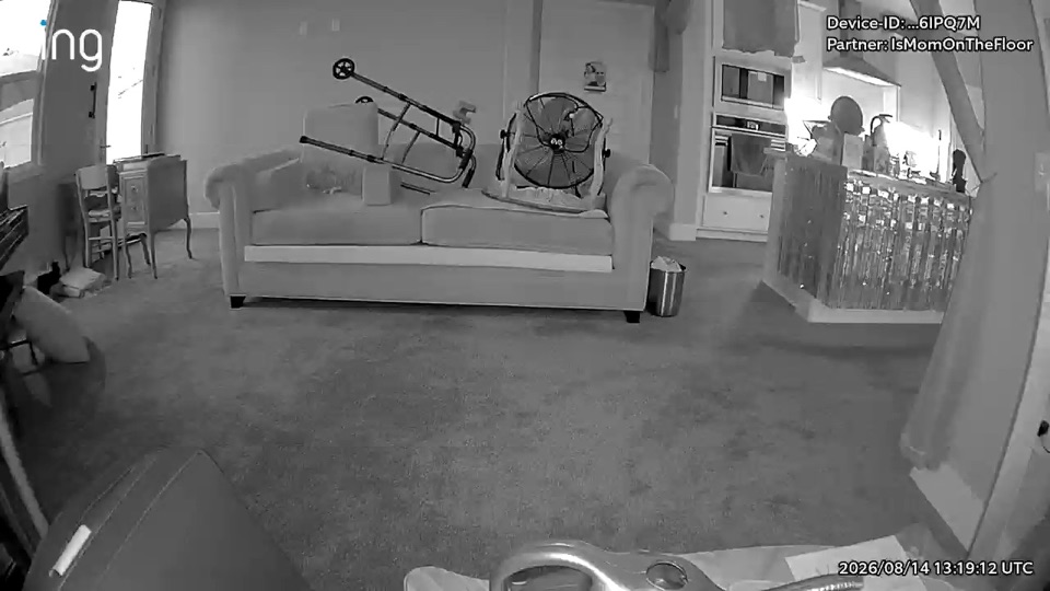 A living room in black-and-white infrared: a couch with a walker and a fan resting on it, and an empty carpet. No one is in the room.