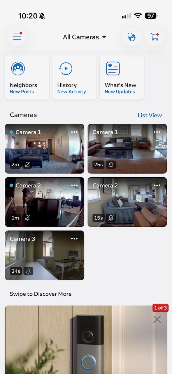 The Ring app dashboard showing camera tiles, with the menu button in the top-left corner.