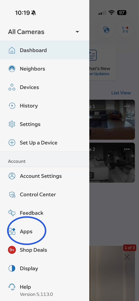 The Ring app menu with the Apps item circled.