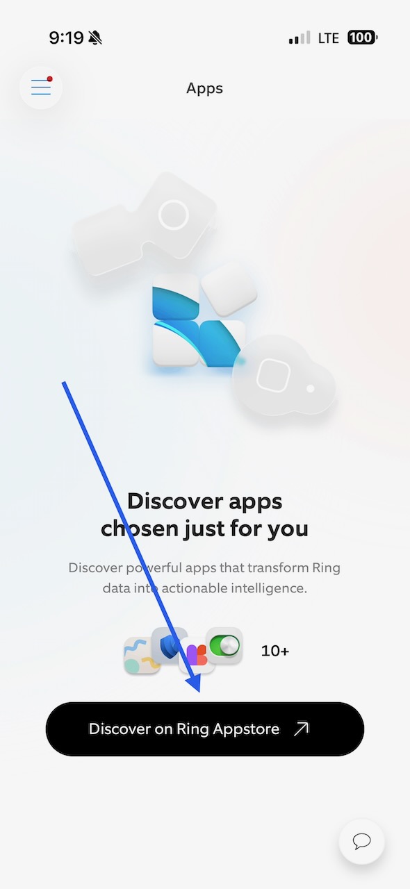 The Ring app's Apps screen with the Discover on Ring Appstore button at the bottom.