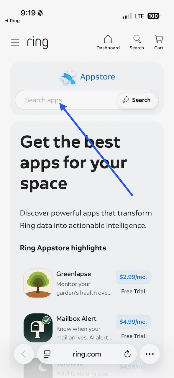 The Ring Appstore home page in the phone's browser, with an arrow pointing at the Search apps box.