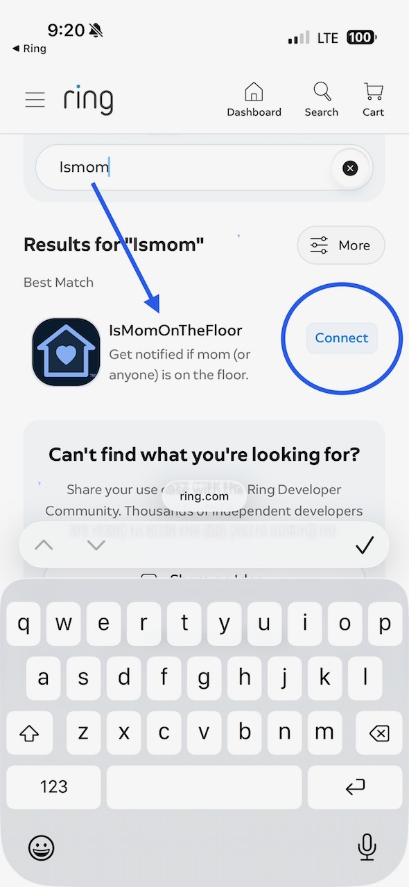 Ring Appstore search results showing IsMomOnTheFloor with a Connect button circled.