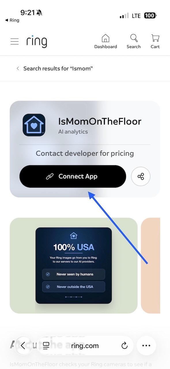 The IsMomOnTheFloor listing in the Ring Appstore with the Connect App button.