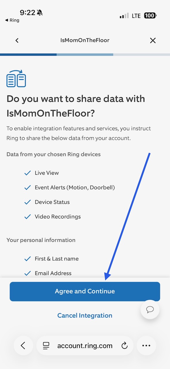 Ring's data-sharing consent screen for IsMomOnTheFloor with the Agree and Continue button.