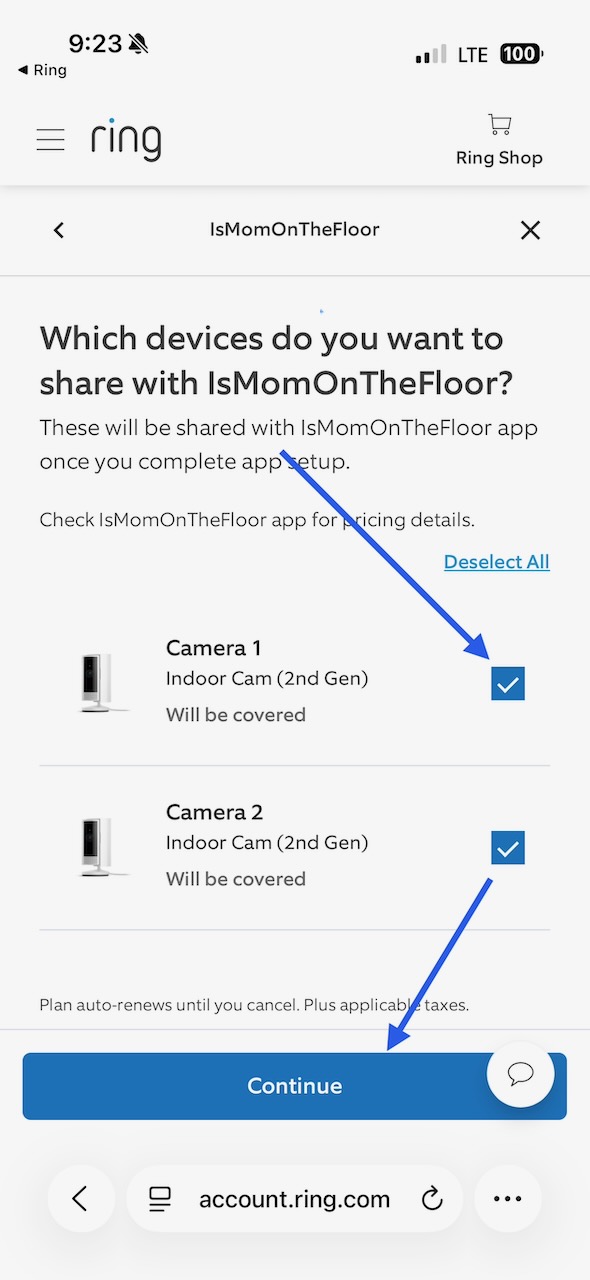 Ring's device-selection screen with two cameras checked and the Continue button.