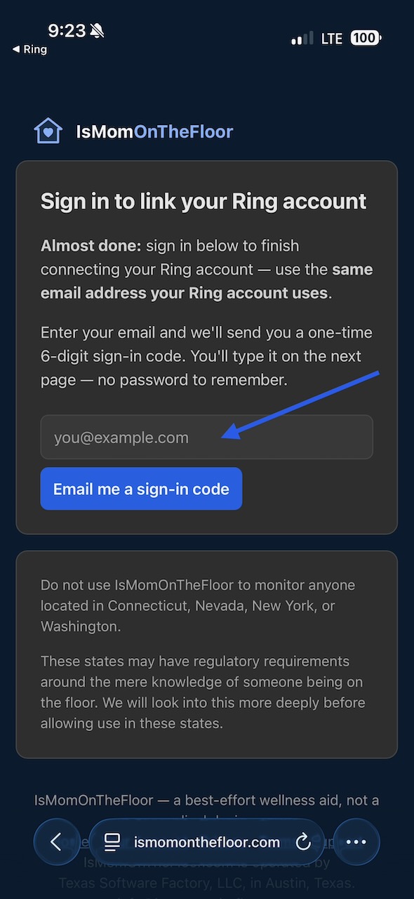 The IsMomOnTheFloor sign-in page titled Sign in to link your Ring account, with an email field and the Email me a sign-in code button.