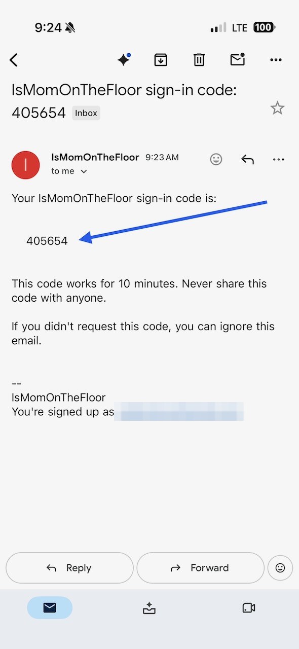 The sign-in code email open in a mail app, with the 6-digit code on its own line.
