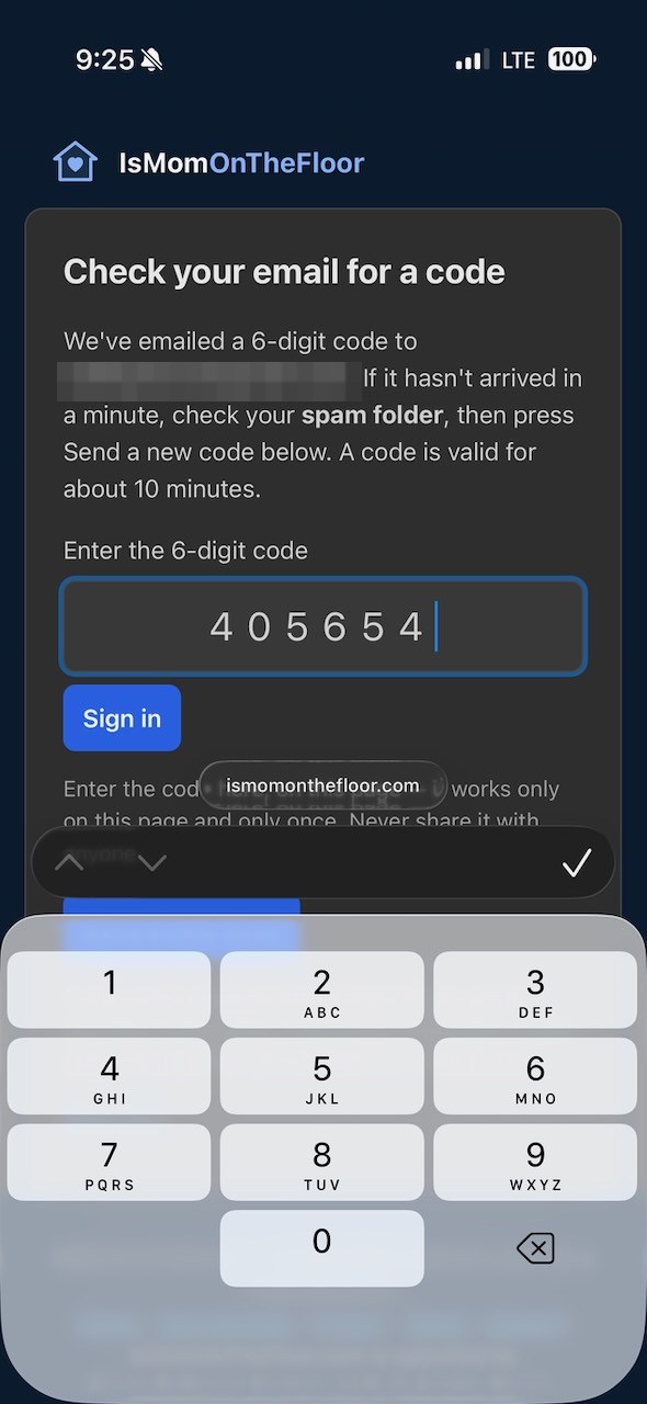 The Check your email for a code page with the 6-digit code typed in and the Sign in button.