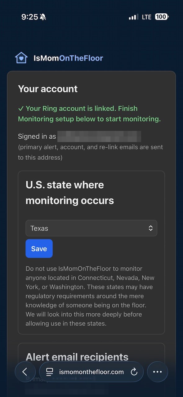 The IsMomOnTheFloor account page reading Your Ring account is linked, with the U.S. state selector.