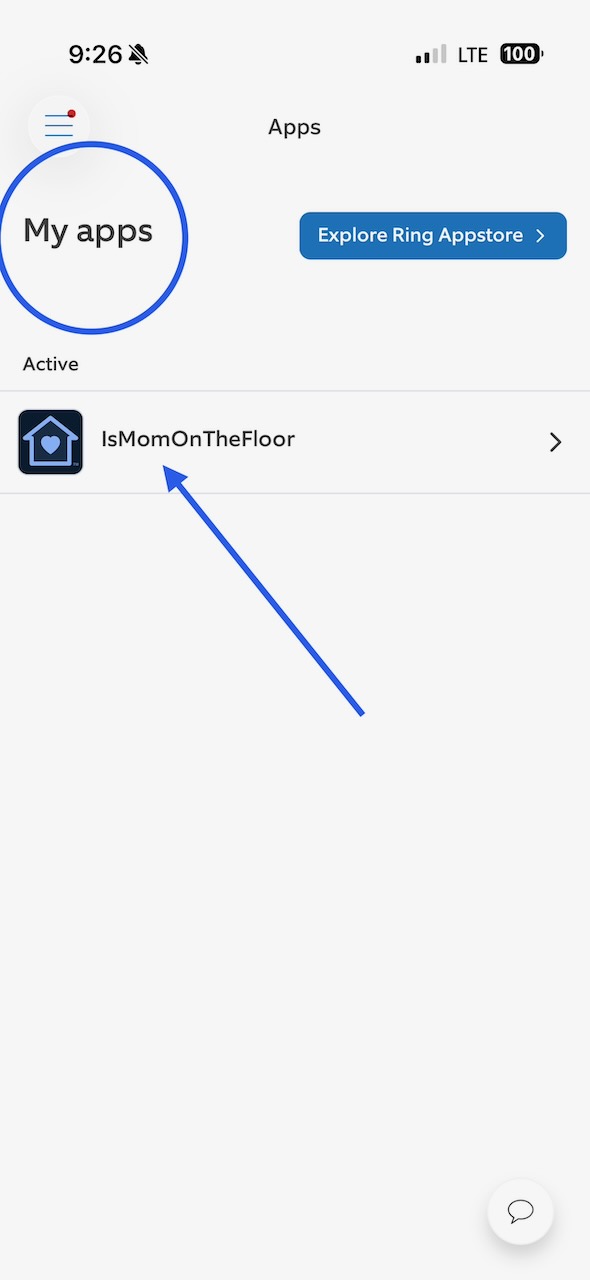 The Ring app's My apps screen listing IsMomOnTheFloor as active.
