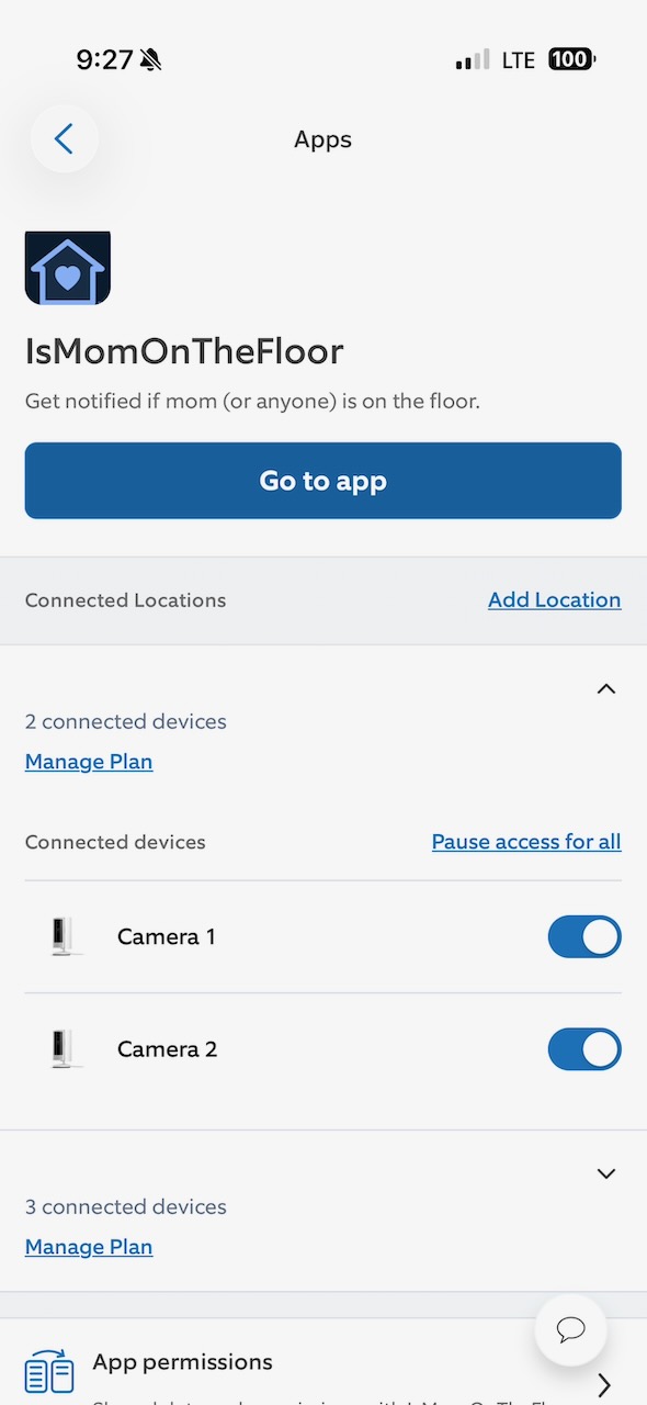IsMomOnTheFloor's page inside the Ring app: the Go to app button and per-camera switches.