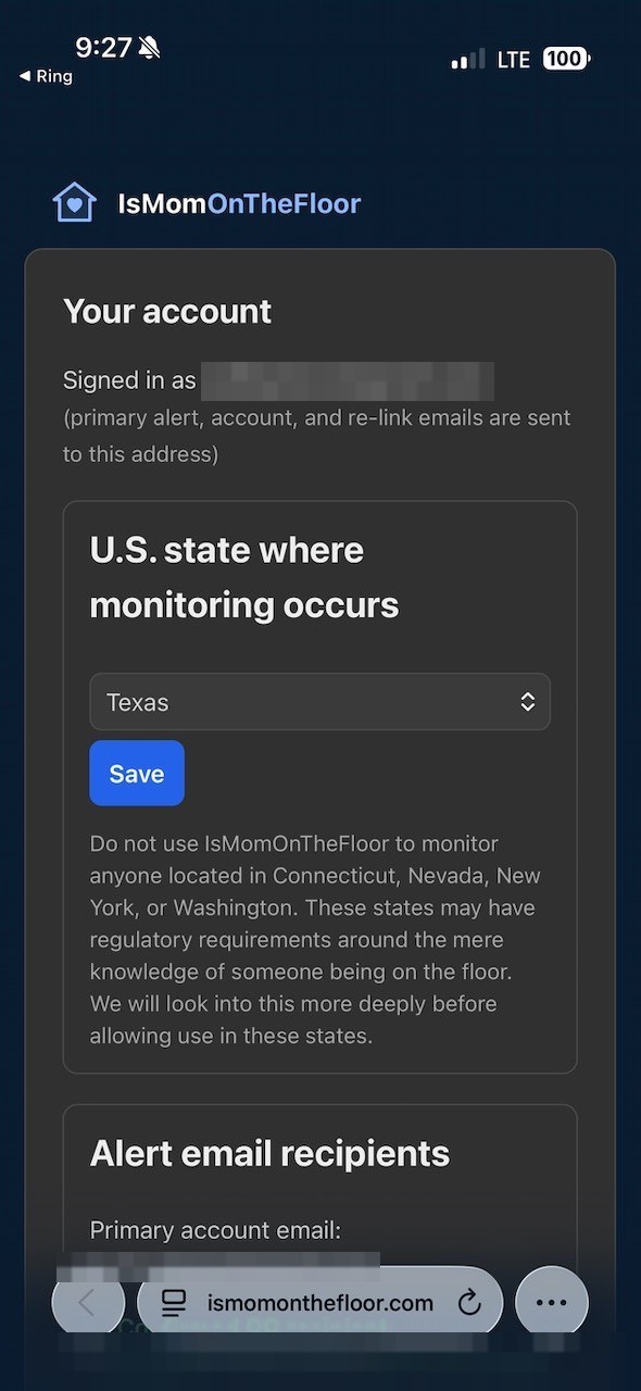 The IsMomOnTheFloor account page, opened from the Ring app's Go to app button, already signed in.