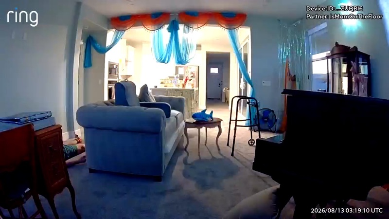 Early testing image 6 — a staged on-the-floor test captured by a Ring camera
