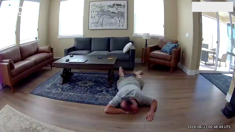 Early test: lying face-down on the living-room floor in daylight